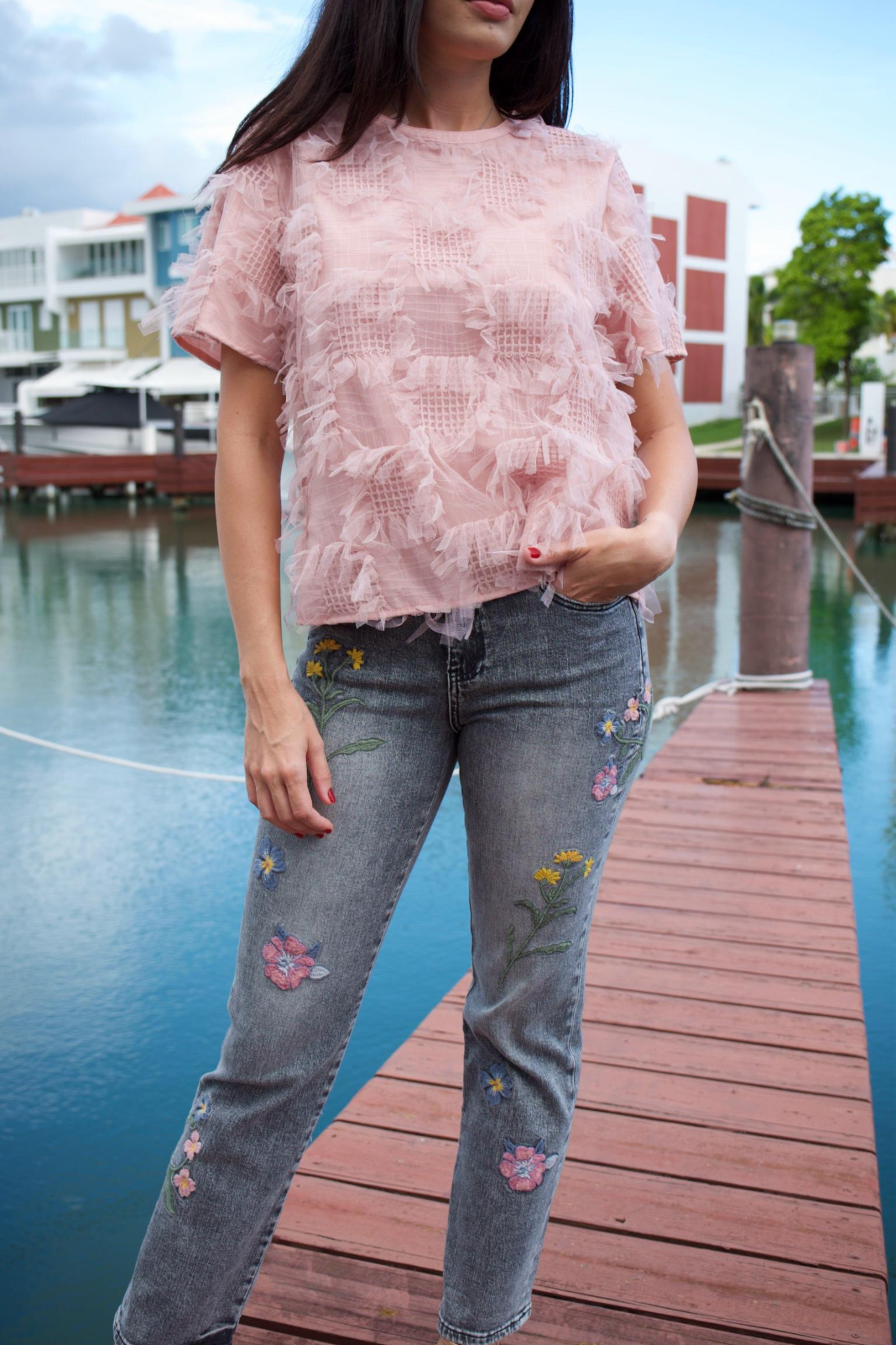 Women's white shirt with striped ruffle sleeves – elegant and stylish blouse for a chic, modern look.