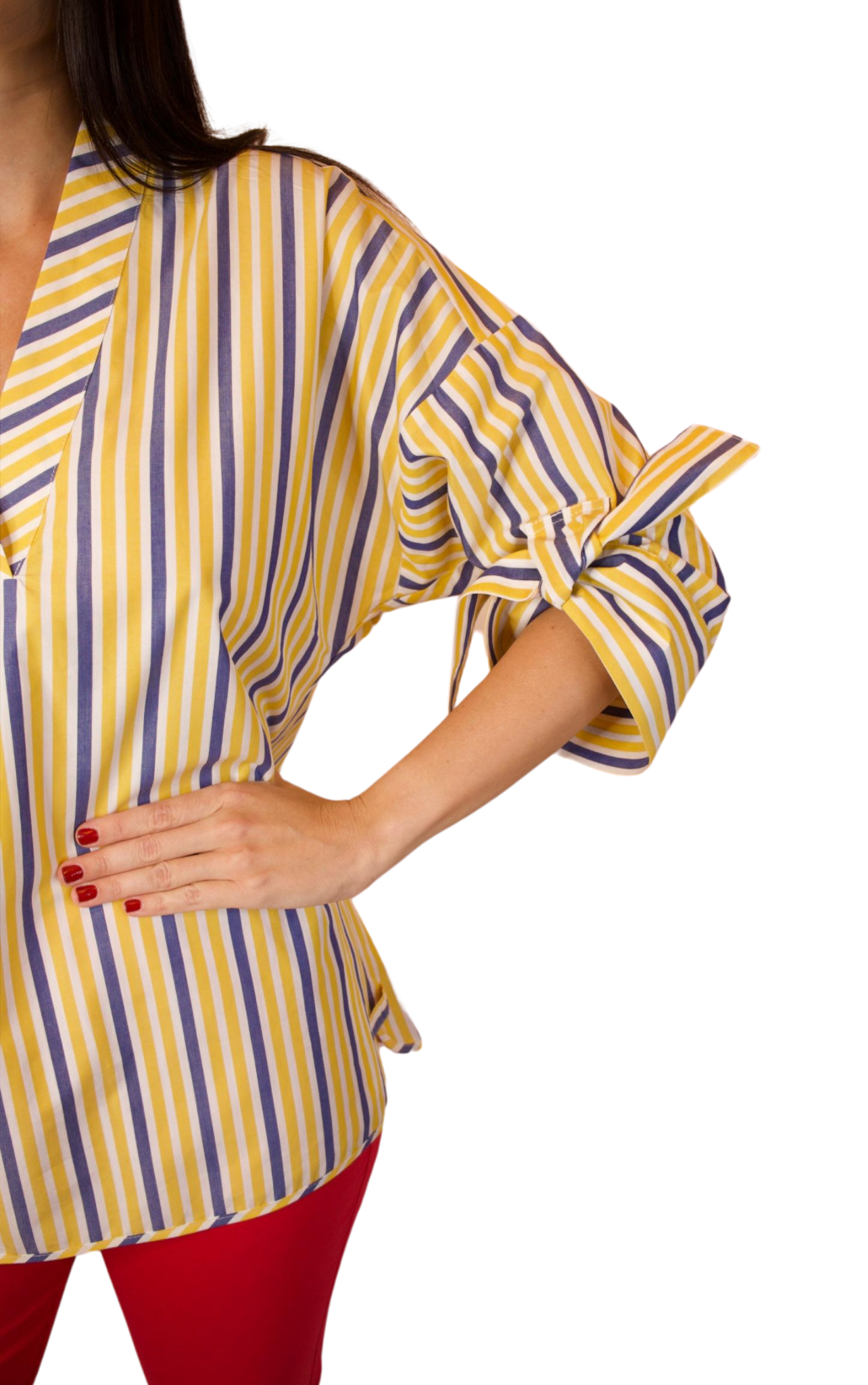 V-NECK  3/4 SLEEVE WITH A TIE IN WHITE, YELLOW AND BLUE VERTICAL STRIPES