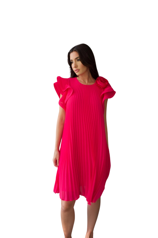 WIDE RUFFLE SHORT SLEEVE PLEATED DRESS