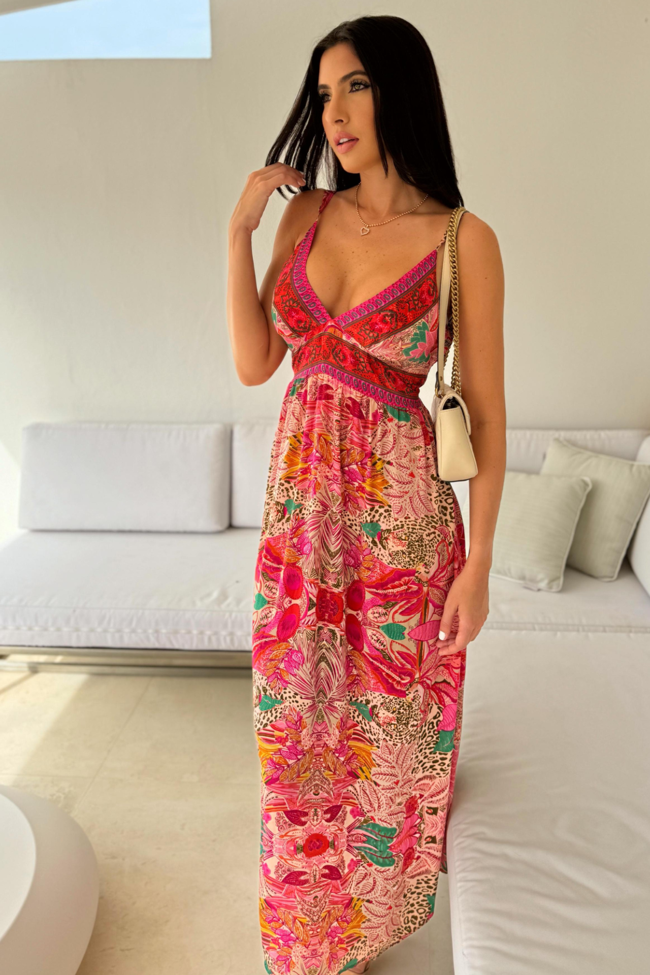 STRAPY V-NECK MAXI WITH BACK CLOSURE  WITH LEAVES AND ANIMAL PRINT