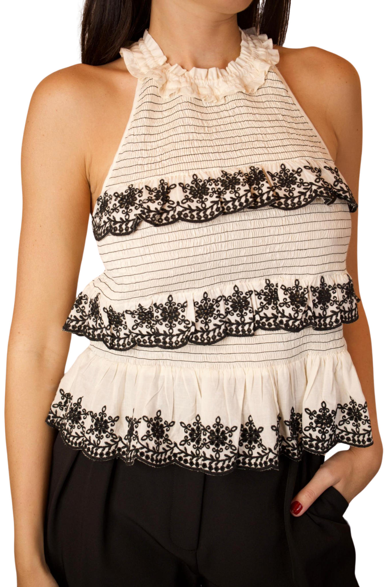 IVORY HALTER WITH BLACK STITCH AND LACE RUFFLES TOP