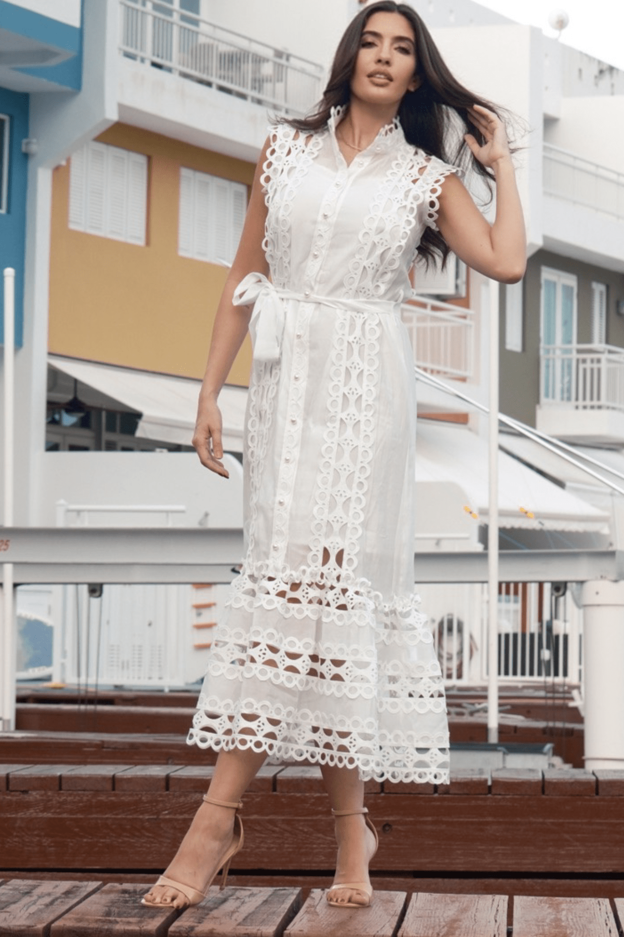 Front view of a women's white maxi lace trim dress with a belt, featuring delicate lace detailing, a flattering belted waist, and an elegant floor-length design.