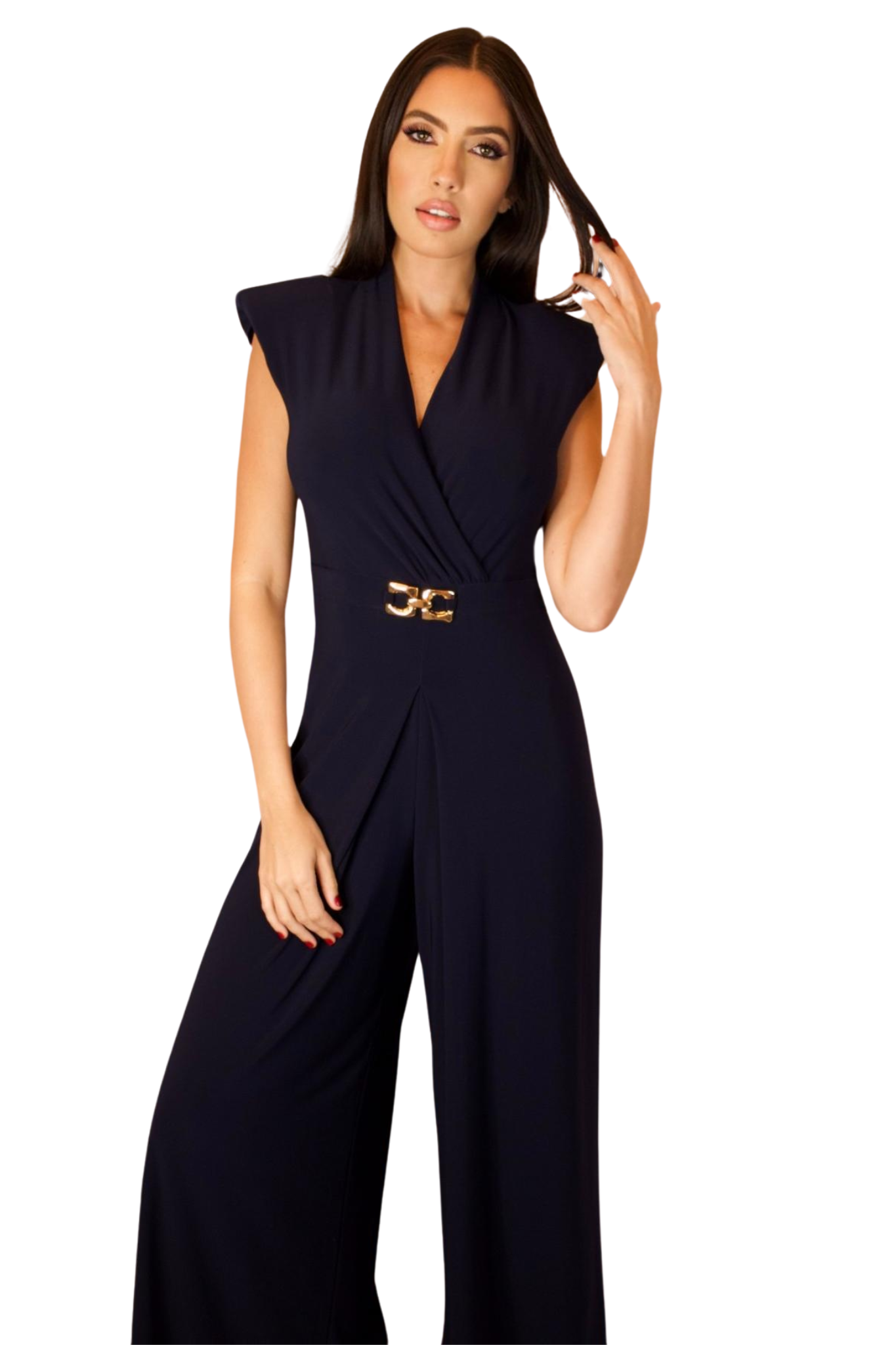 V NECK SLEEVELESS WIDE-LEG  NAVY JUMPSUIT