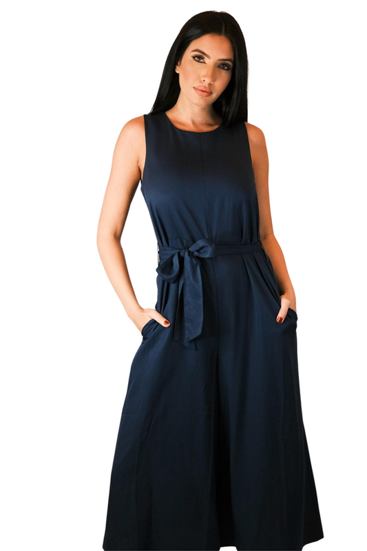 SLEEVELESS ROUND NECK CROPPED NAVY JUMPSUIT