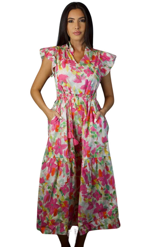 V NECK MULTICOLOR PRINT MAXI DRESS