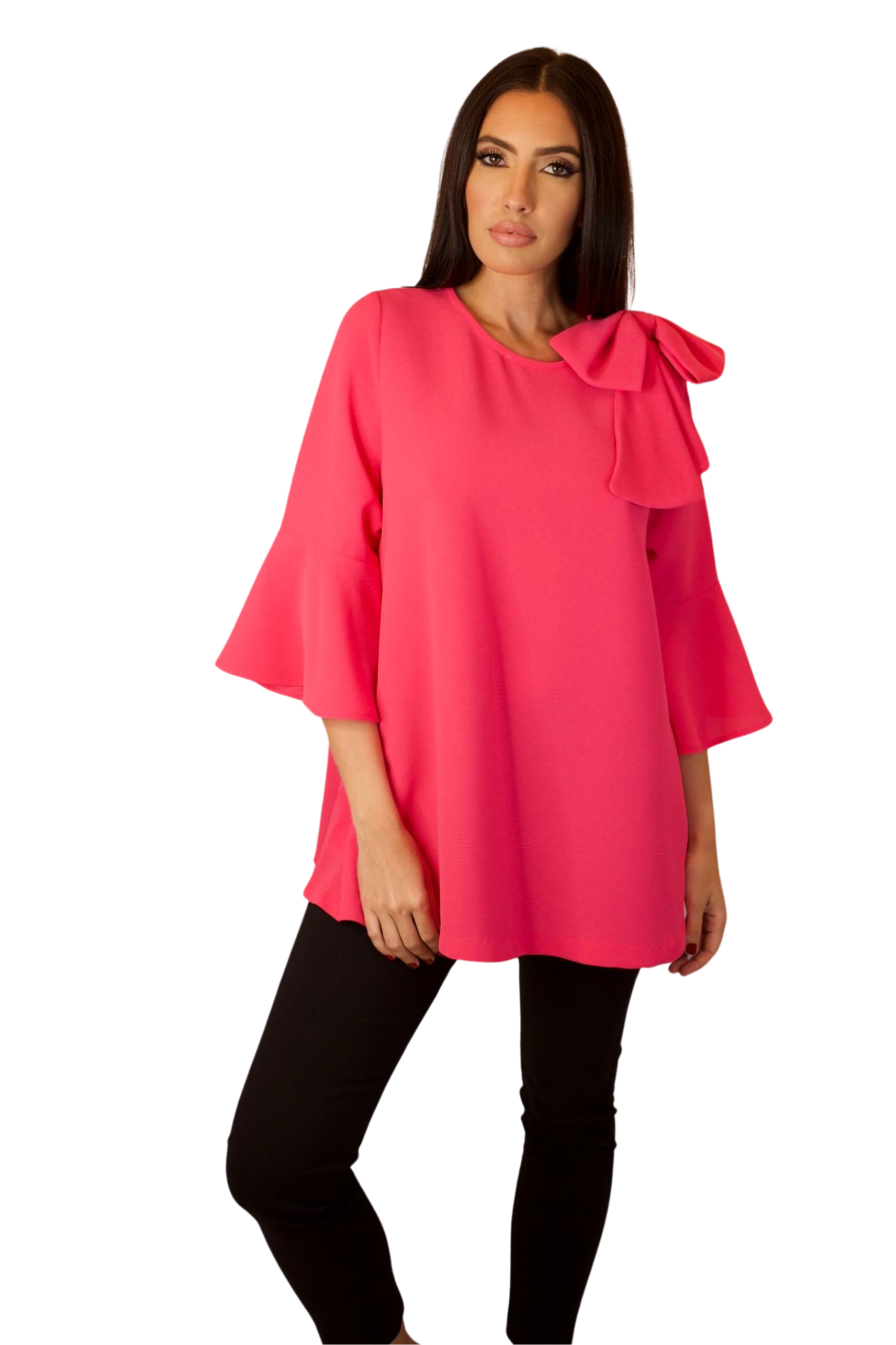 ROUND NECK 3/4 BELL SLEEVE  A SHAPE WITH BOW DETAIL TOP