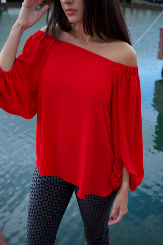 OFF SHOULDER VIBRANT RED LONG BUBBLE SLEEVES