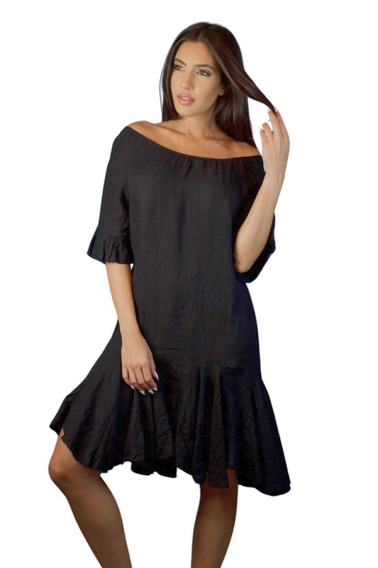 LINEN SHORT BLACK DRESS  WITH RUFFLE AT THE SLEEVE AND AT THE BOTTOM