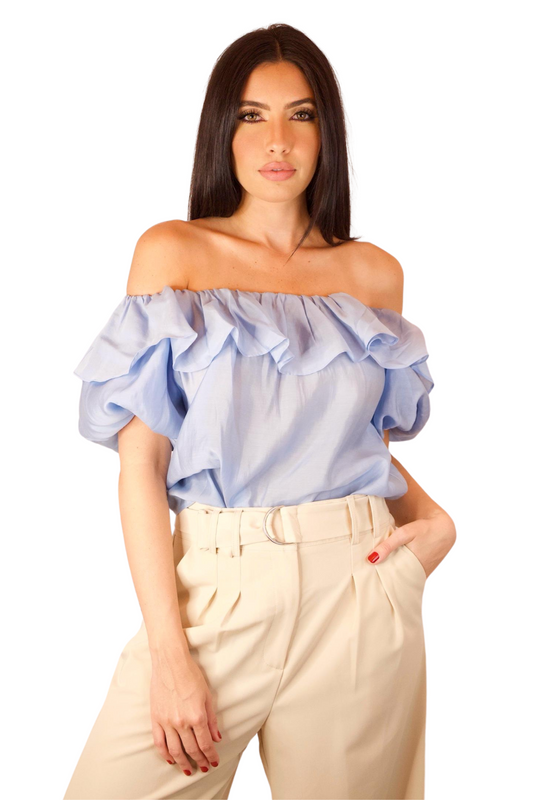 SKY BLUE OFF SHOULDER  WITH RUFFLE AND BUBBLE SLEEVE TOP