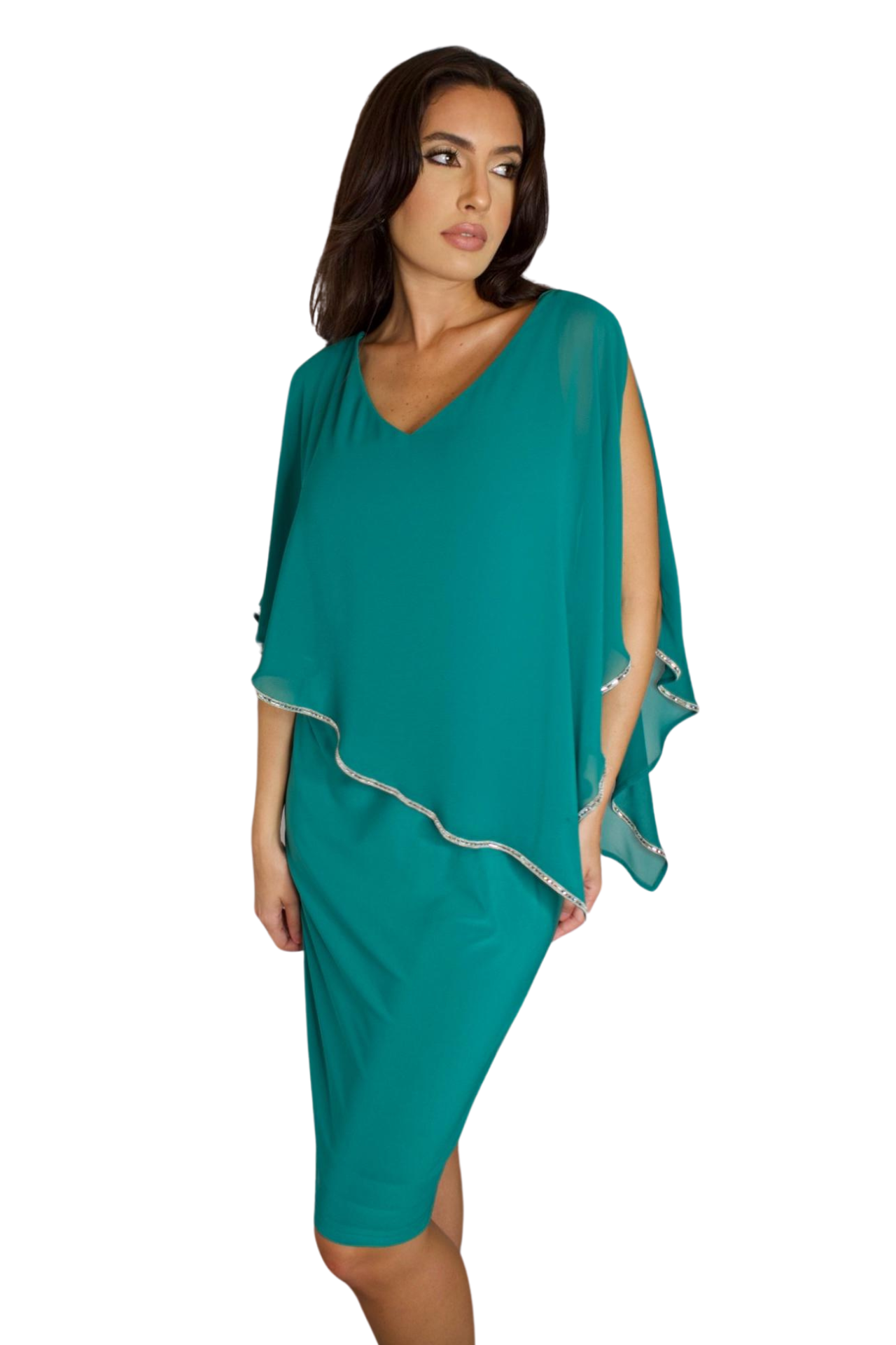 OVERLAY POPOVER TEAL  COCKTAIL DRESS WITH RHINESTONE TRIM