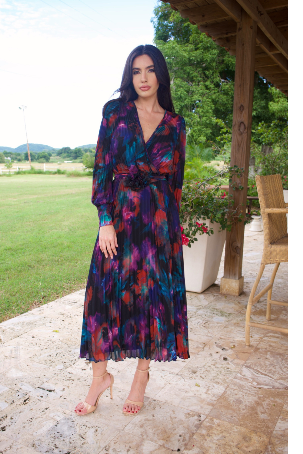 WOMEN LONG SLEEVE V-NECK MULTICOLOR PLISSE DRESS