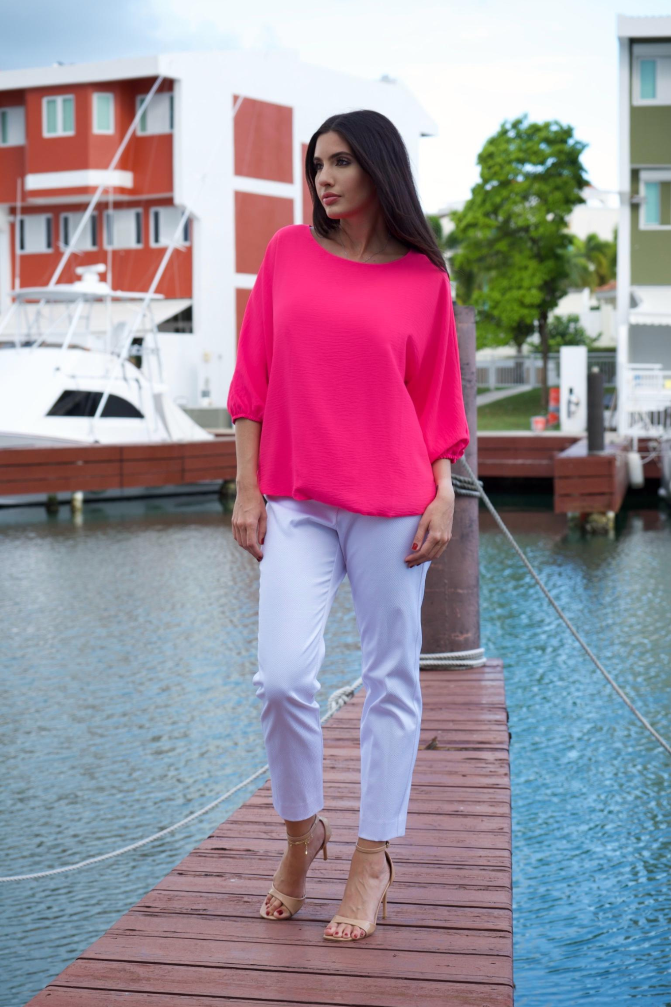 3/4  SLEEVE ROUND NECK HOT PINK TOP