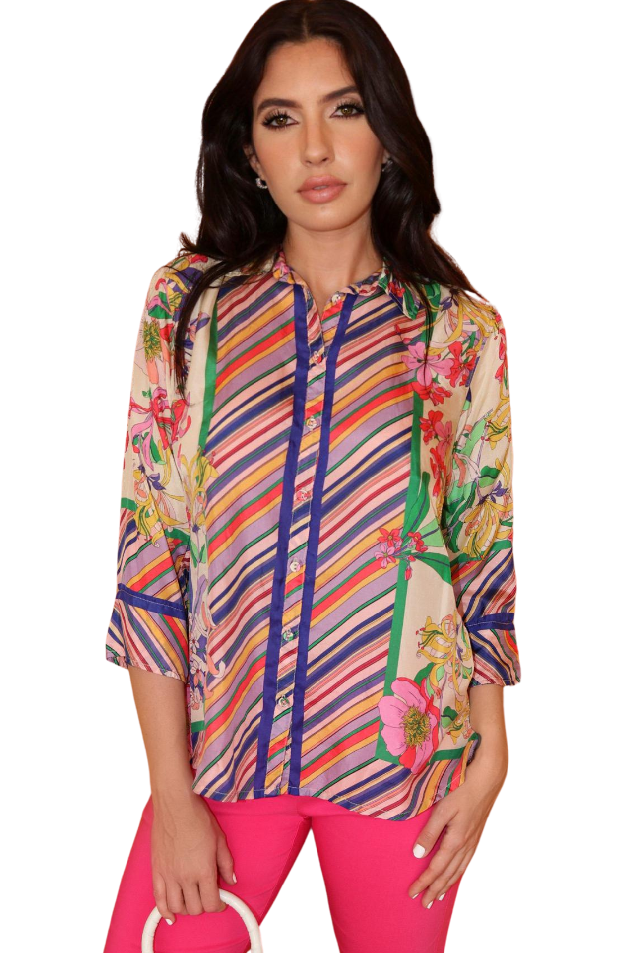 3/4 SLEEVE SILK FLORAL PRINT BLOUSE