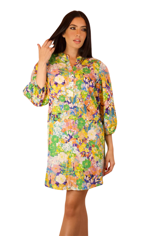 MANDARIN COLLAR 3/4 SLEEVE FLORAL DRESS