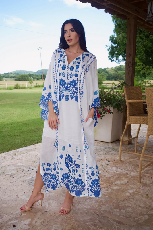 WHITE LINEN KAFTAN WITH BLUE DETAILS