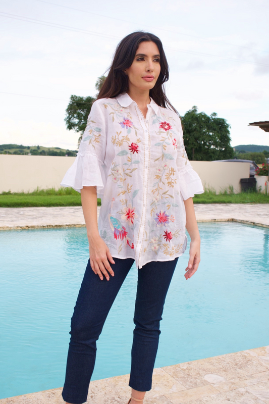 3/4 SLEEVE WHITE LINEN TUNIC WITH FLORAL EMBROIDERY