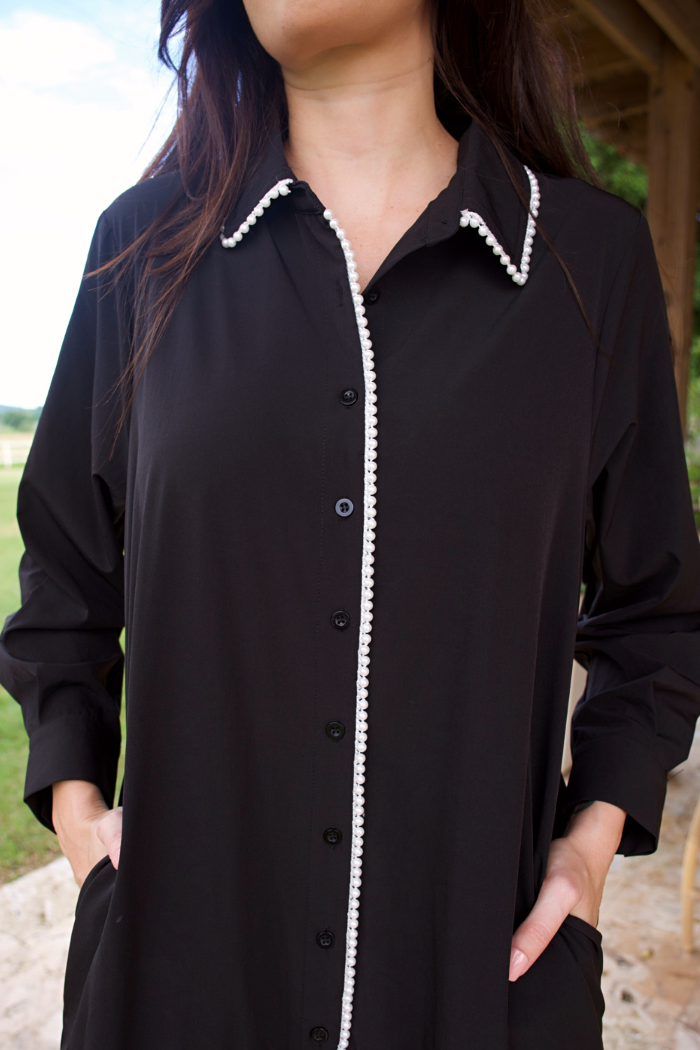 LONG SLEEVE BLACK SHIRT DRESS WITH A PEARL TRIM