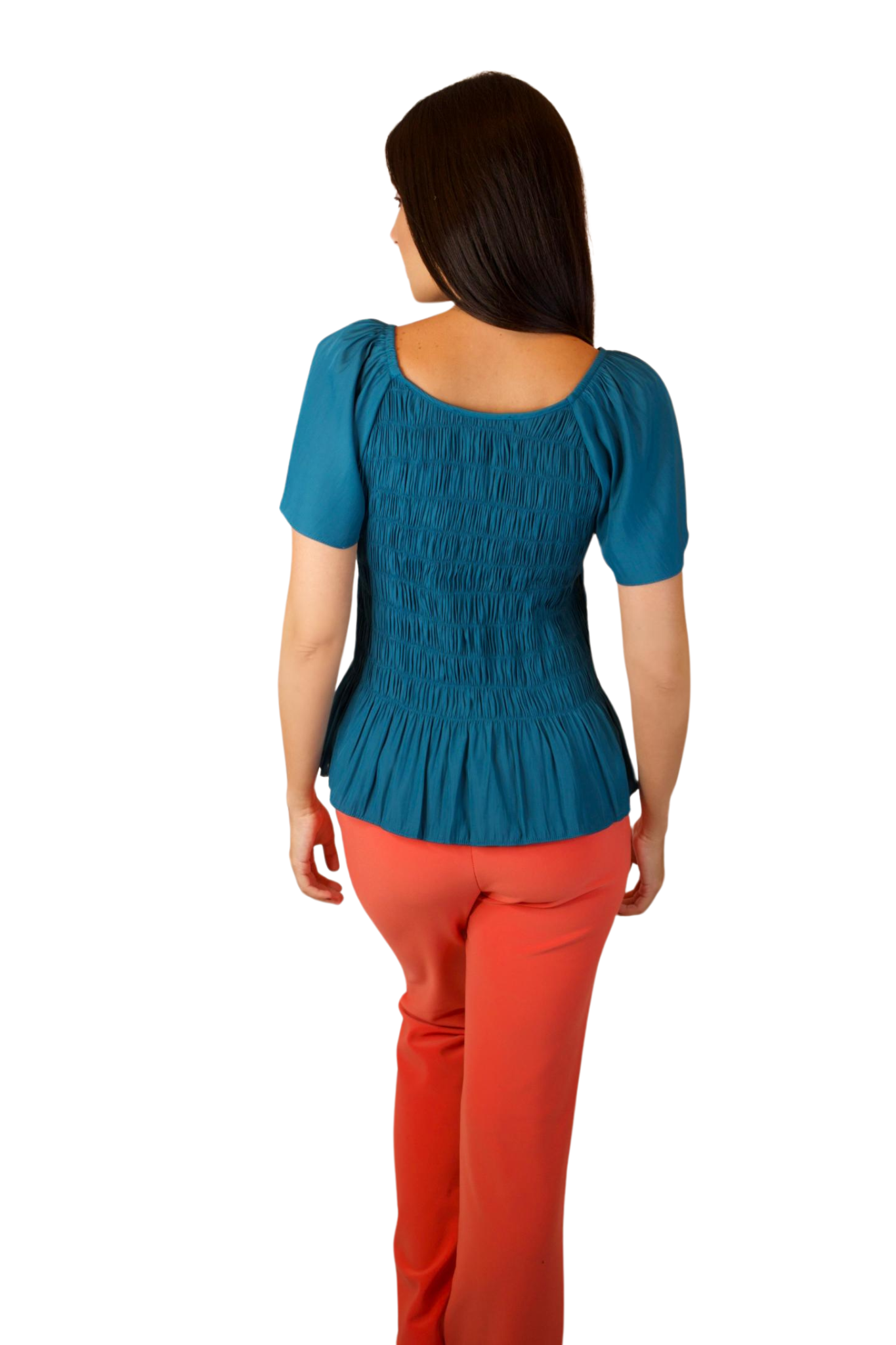 TEAL SMOCKED BODY FLUTTER SLEEVE TOP