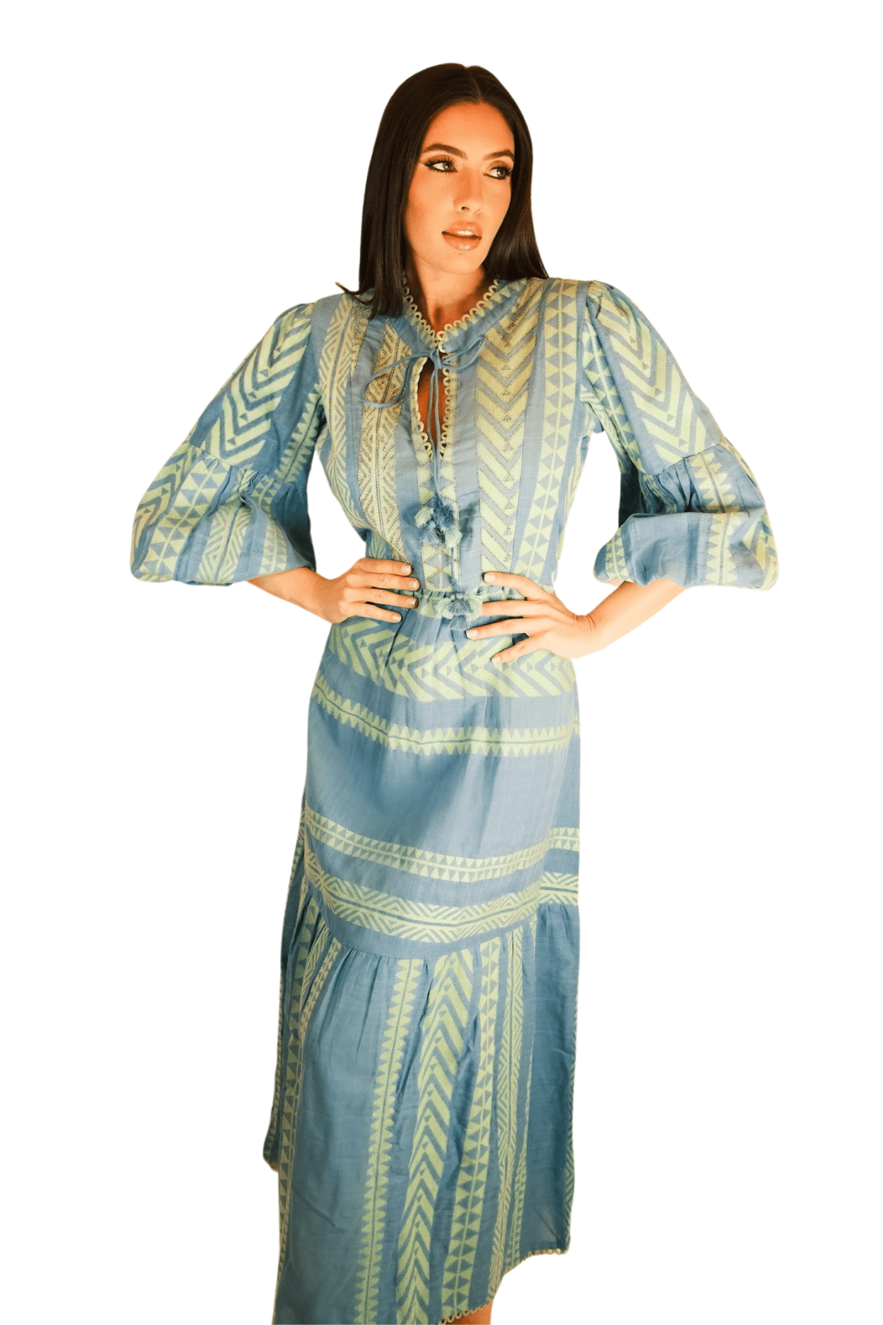 Women's long sleeve blue and green maxi dress with small beads on the chest, offering an elegant and stylish look.