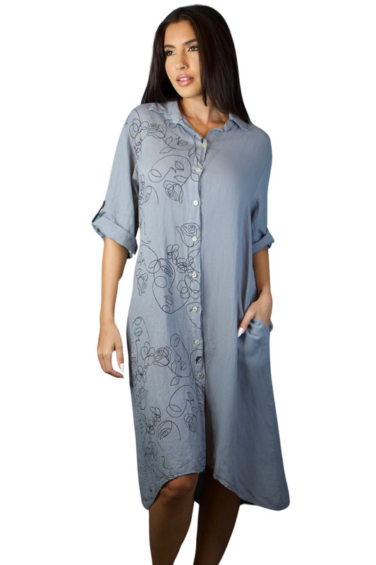 WOMEN GRAY 3/4 SLEEVE LINEN DRESS WITH FACES