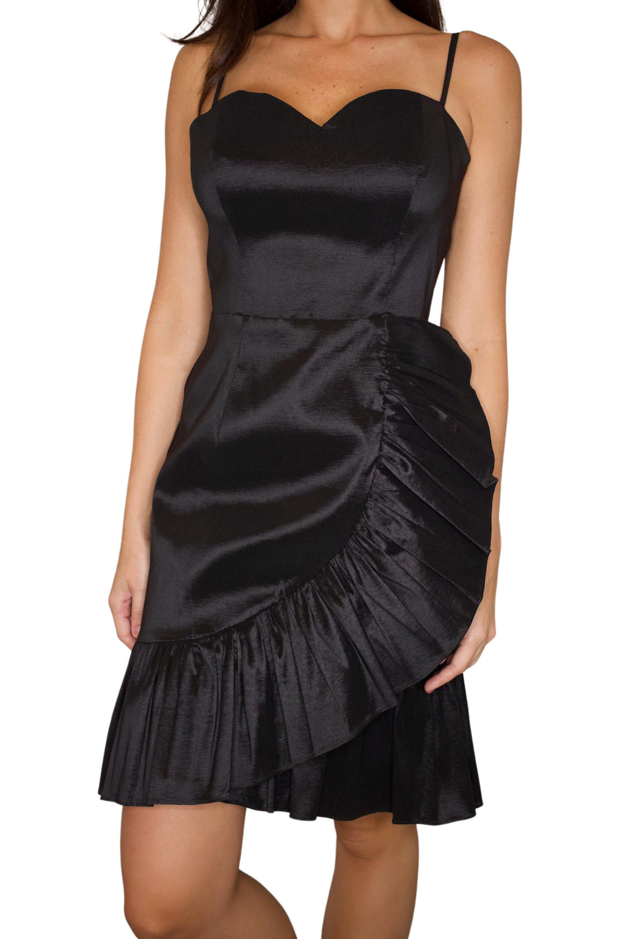 RUFFLE FRONT SPAGHETTI COCKTAIL DRESS