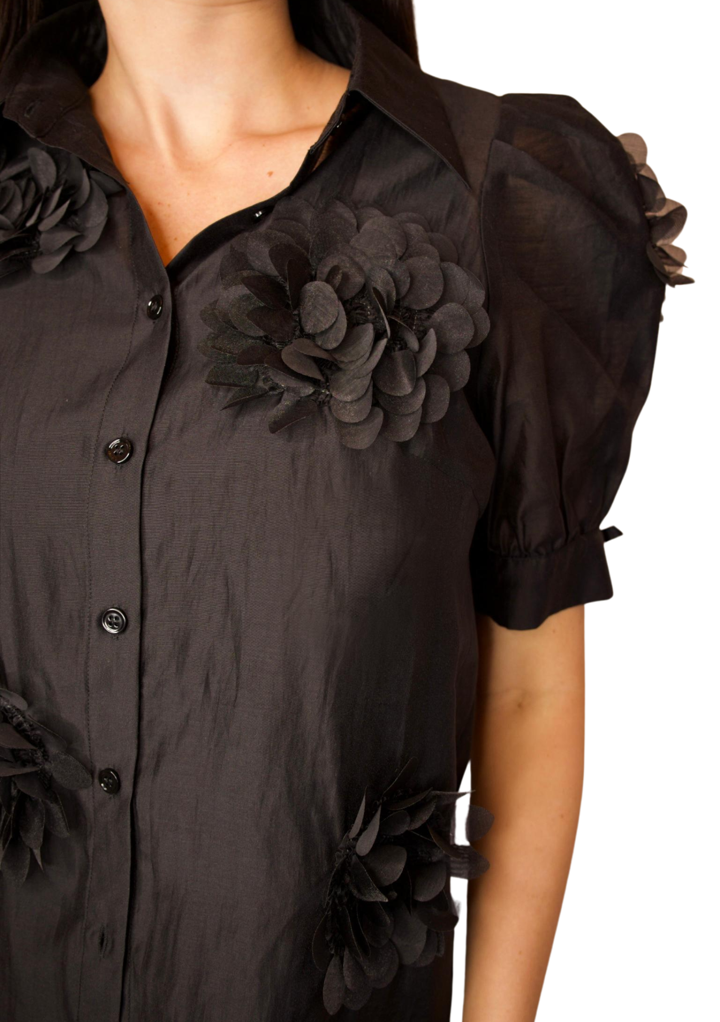 BUTTON DOWN BLACK BLOUSE WITH FLOWER APPLIQUE