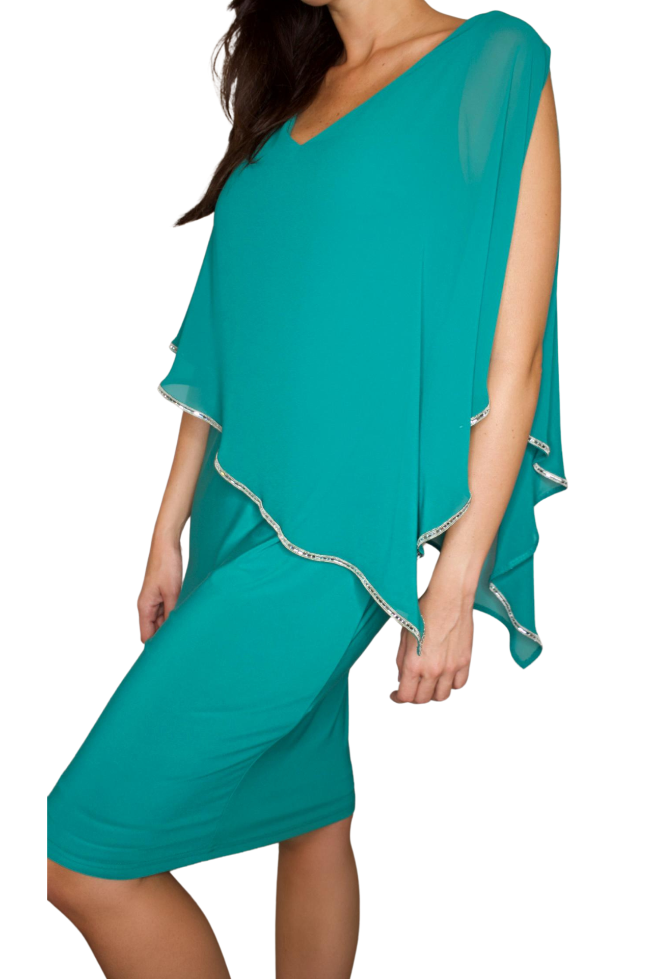 OVERLAY POPOVER TEAL  COCKTAIL DRESS WITH RHINESTONE TRIM