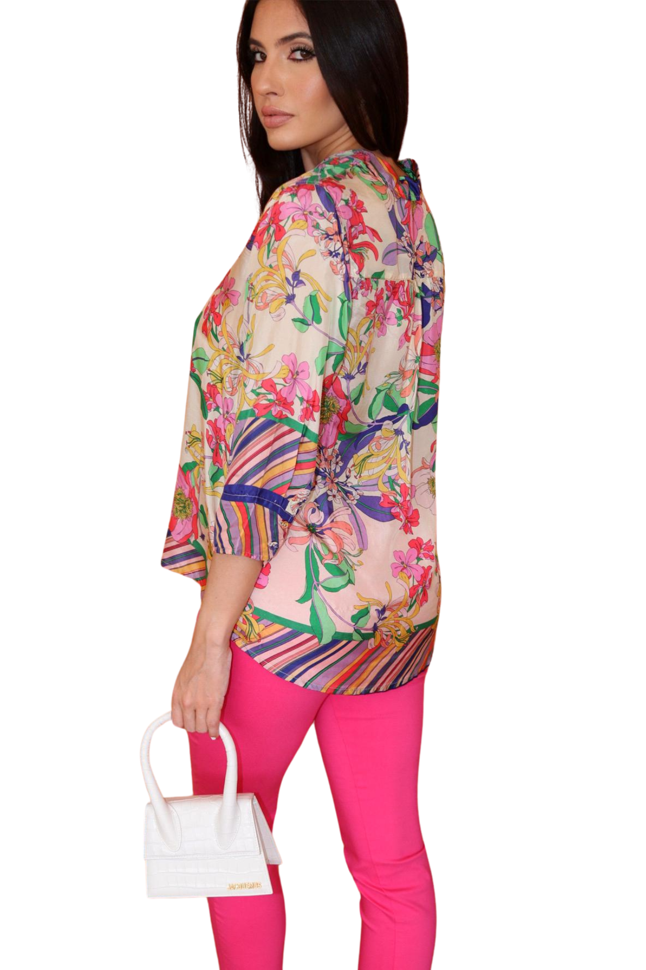 3/4 SLEEVE SILK FLORAL PRINT BLOUSE