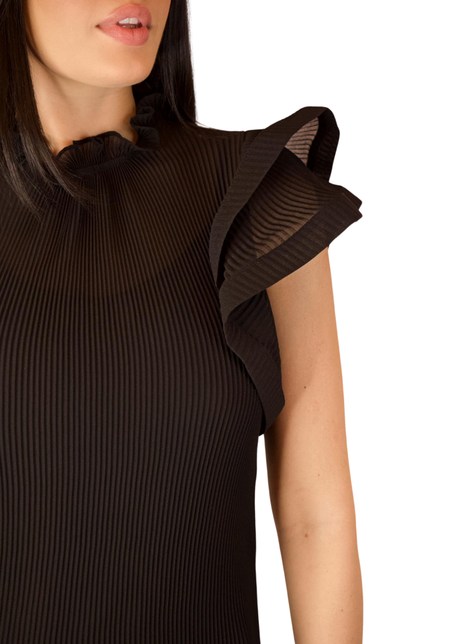 PLEATED BLACK TOP WITH RUFFLE ROUND NECK AND RUFFLE SLEEVES