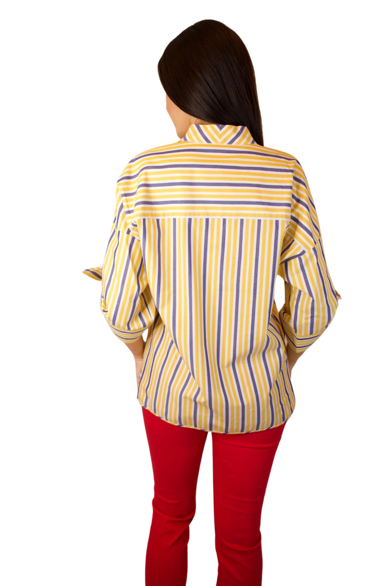 V-NECK  3/4 SLEEVE WITH A TIE IN WHITE, YELLOW AND BLUE VERTICAL STRIPES