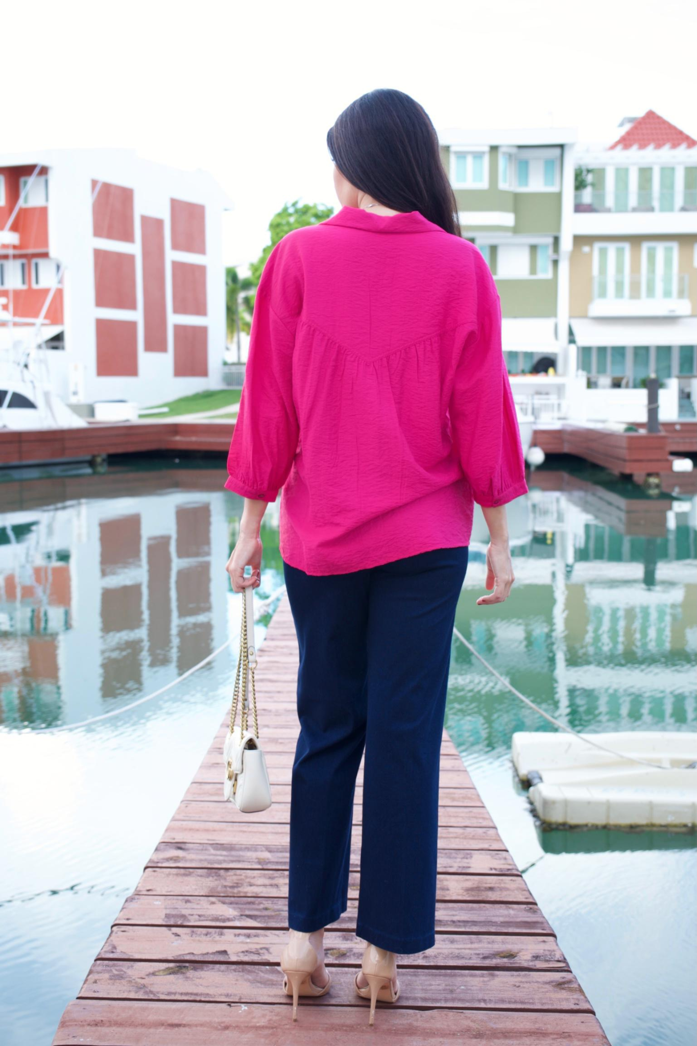 3/4 SLEEVE V NECK BUTTON DOWN PINK BLOUSE