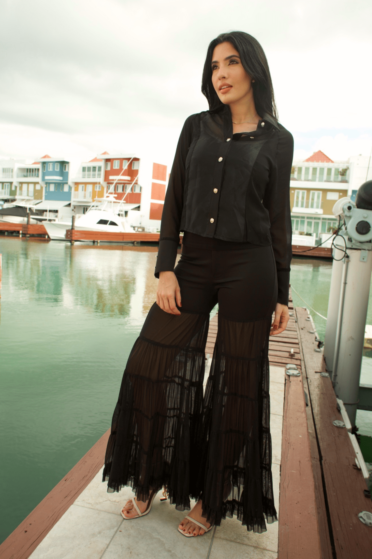 Women's scuba tiered mesh pants with a stylish layered design, offering a chic and modern look.