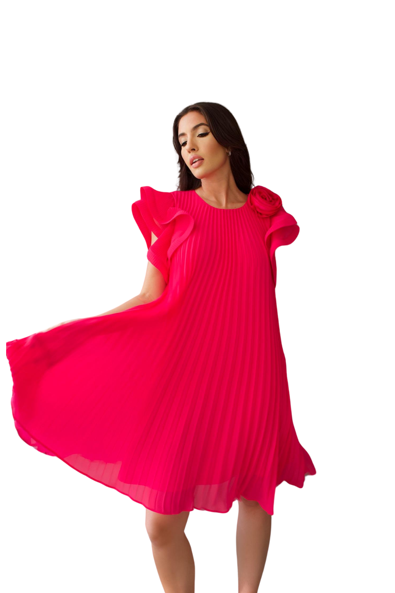 WIDE RUFFLE SHORT SLEEVE PLEATED DRESS