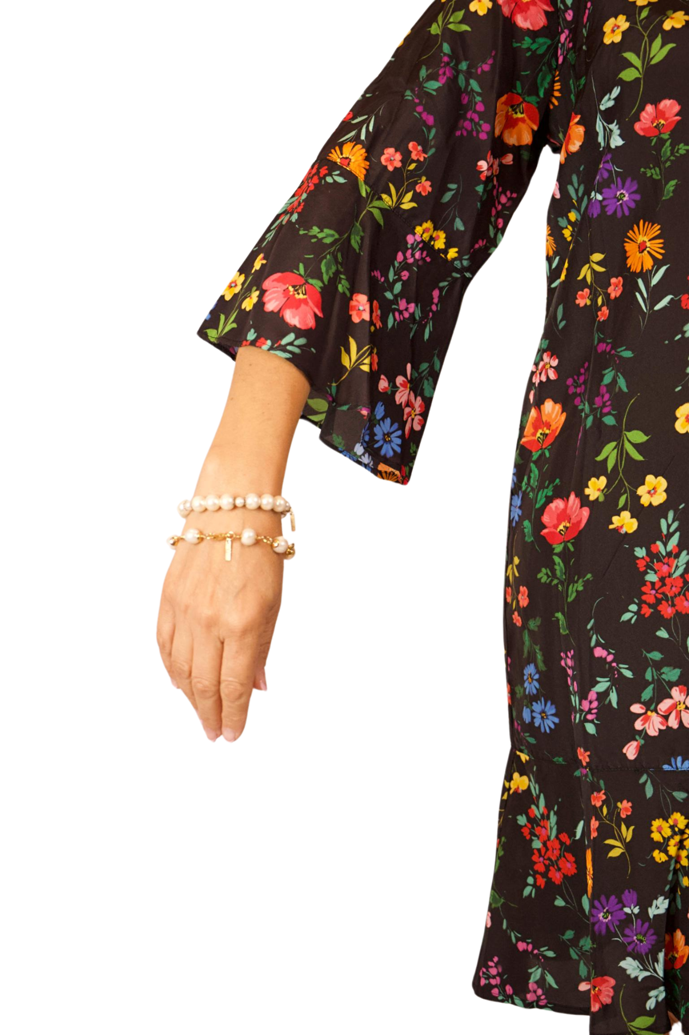 BLACK FLORAL DRESS WITH BELL SLEEVES AND END RUFFLE