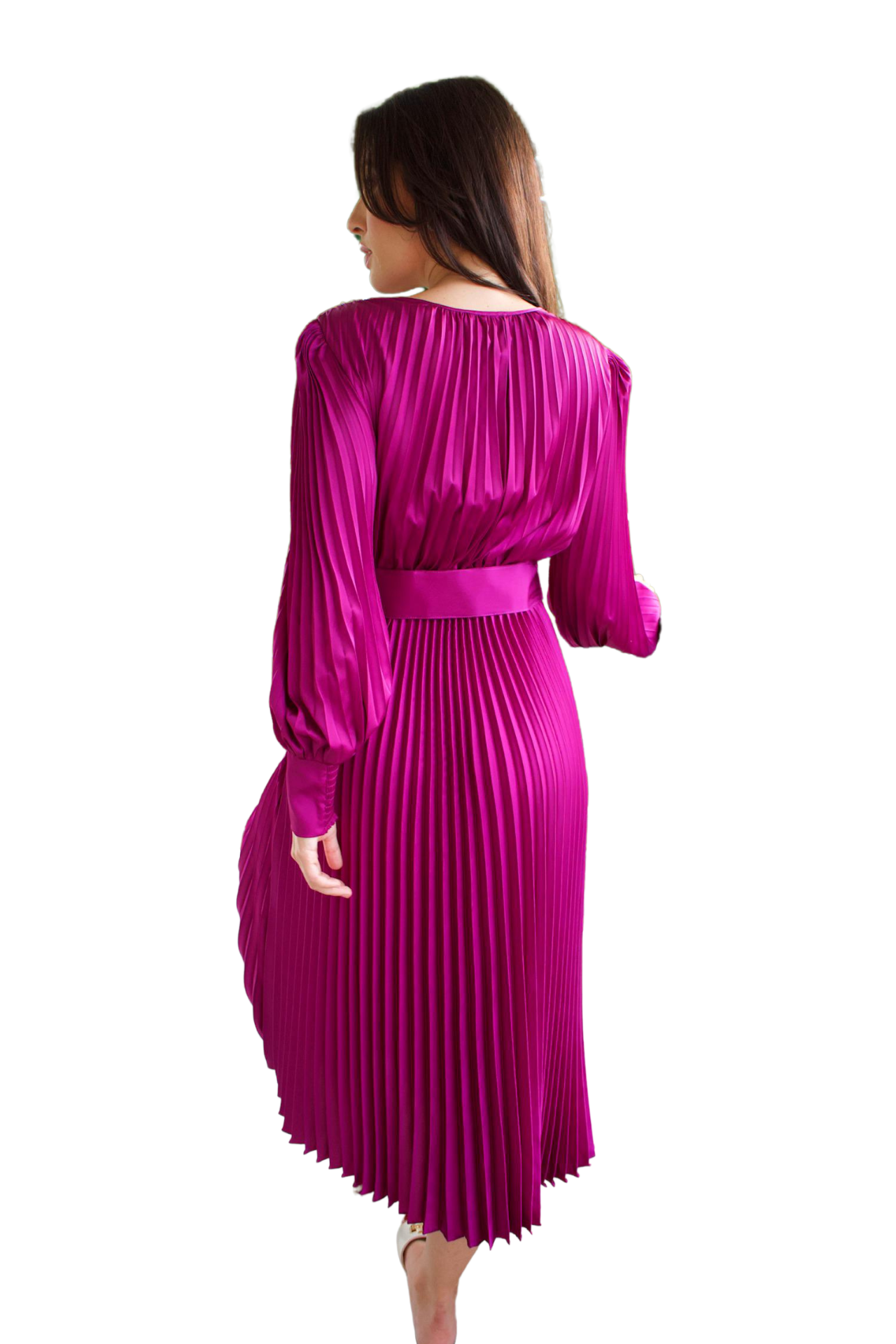 PLEADED BUBBLE LONG SLEEVE V- NECK MAGENTA  SATIN DRESS