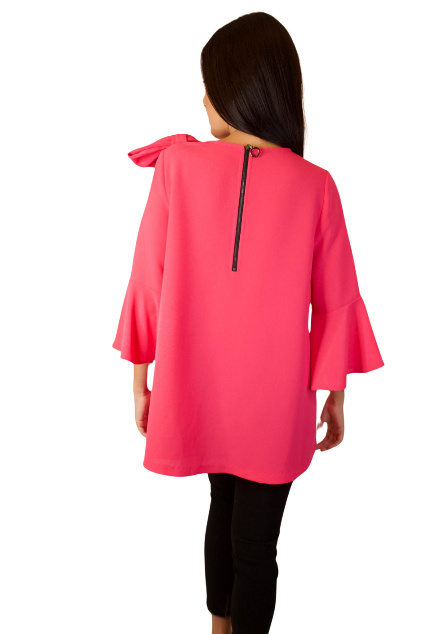 ROUND NECK 3/4 BELL SLEEVE  A SHAPE WITH BOW DETAIL TOP