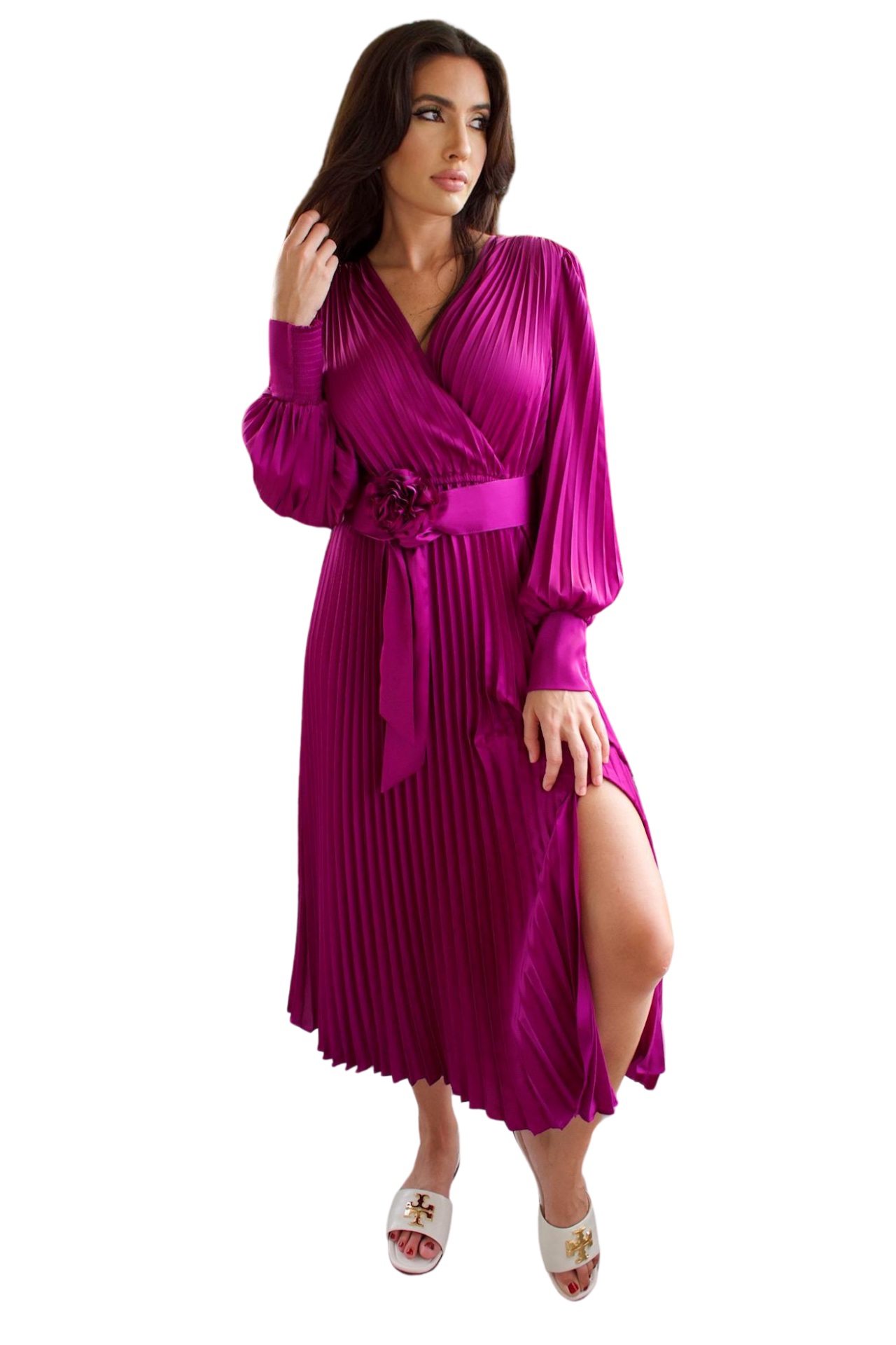 PLEADED BUBBLE LONG SLEEVE V- NECK MAGENTA  SATIN DRESS