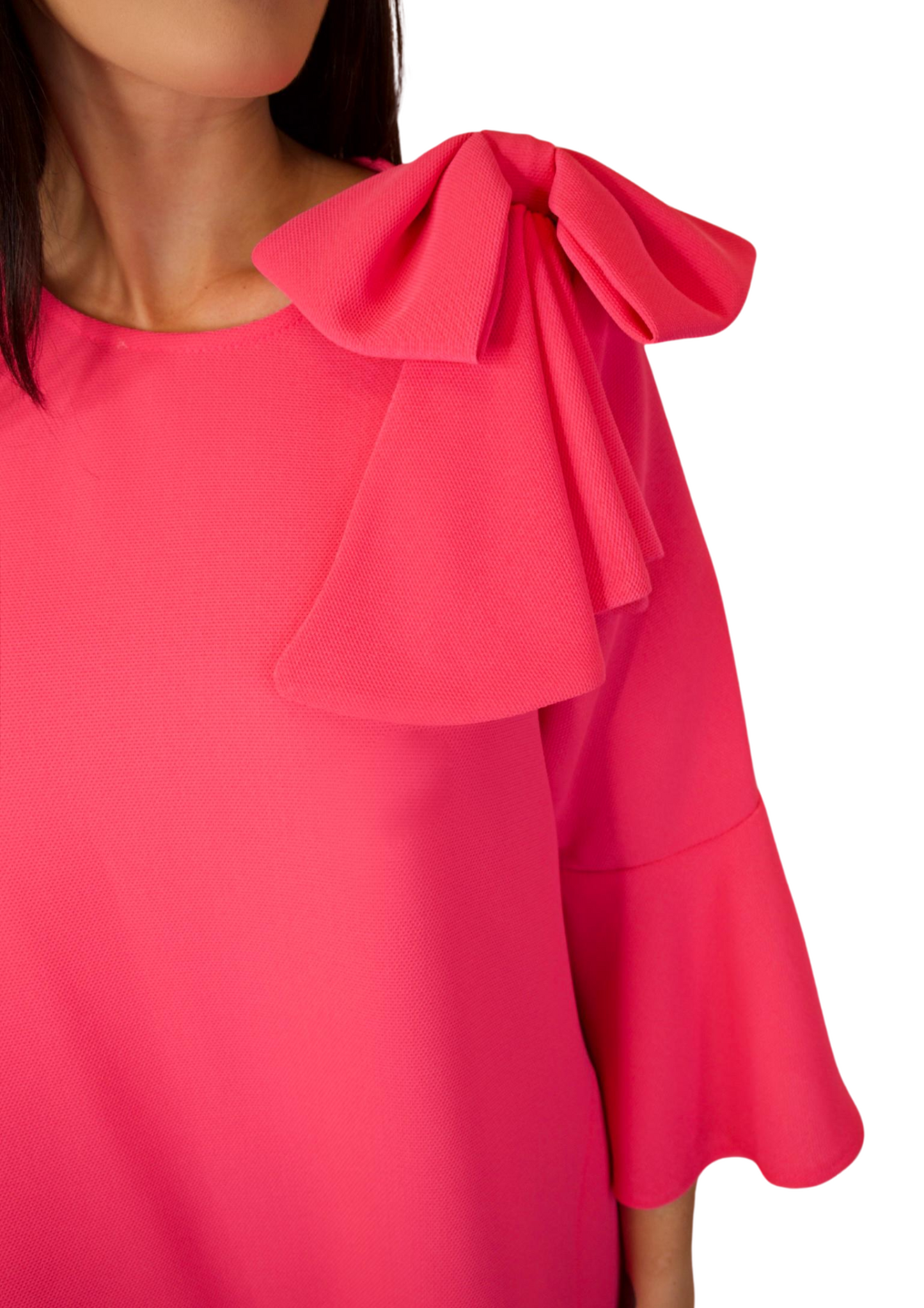 ROUND NECK 3/4 BELL SLEEVE  A SHAPE WITH BOW DETAIL TOP