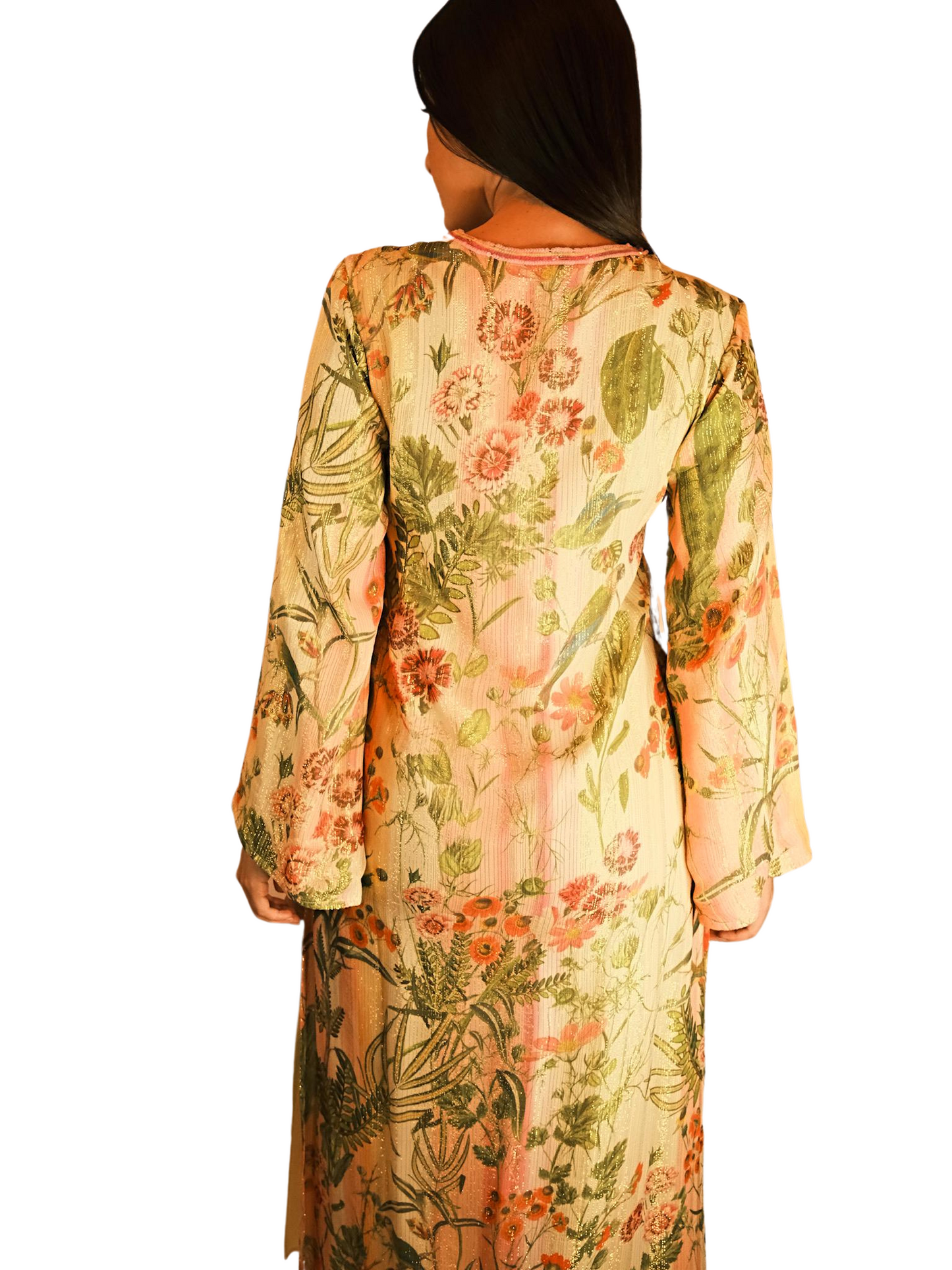 LONG BELL SLEEVE FLORAL KAFTAN WITH GOLD DETAILS