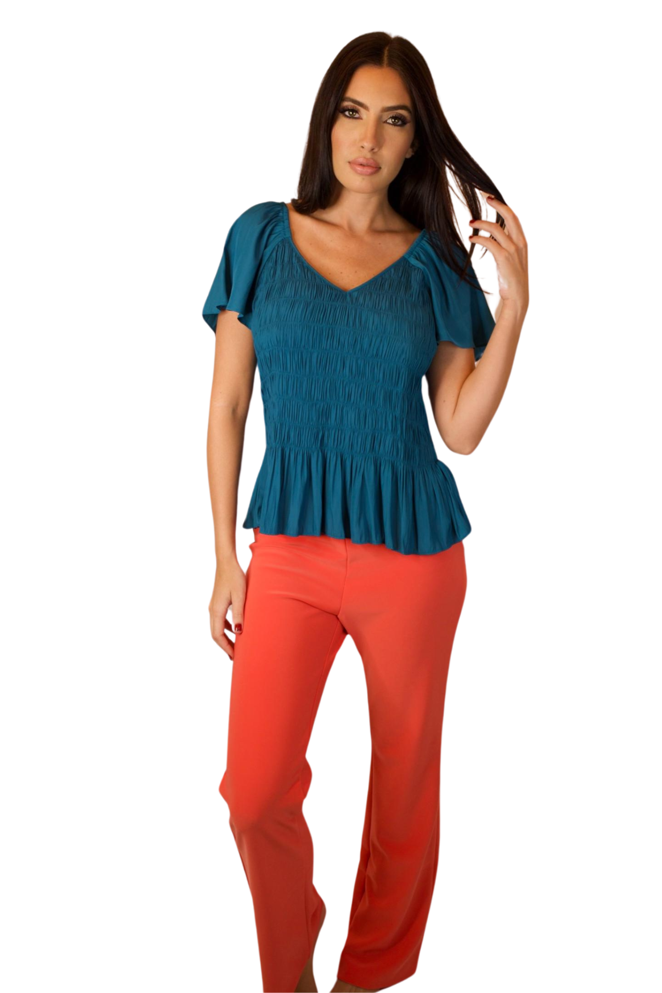 TEAL SMOCKED BODY FLUTTER SLEEVE TOP