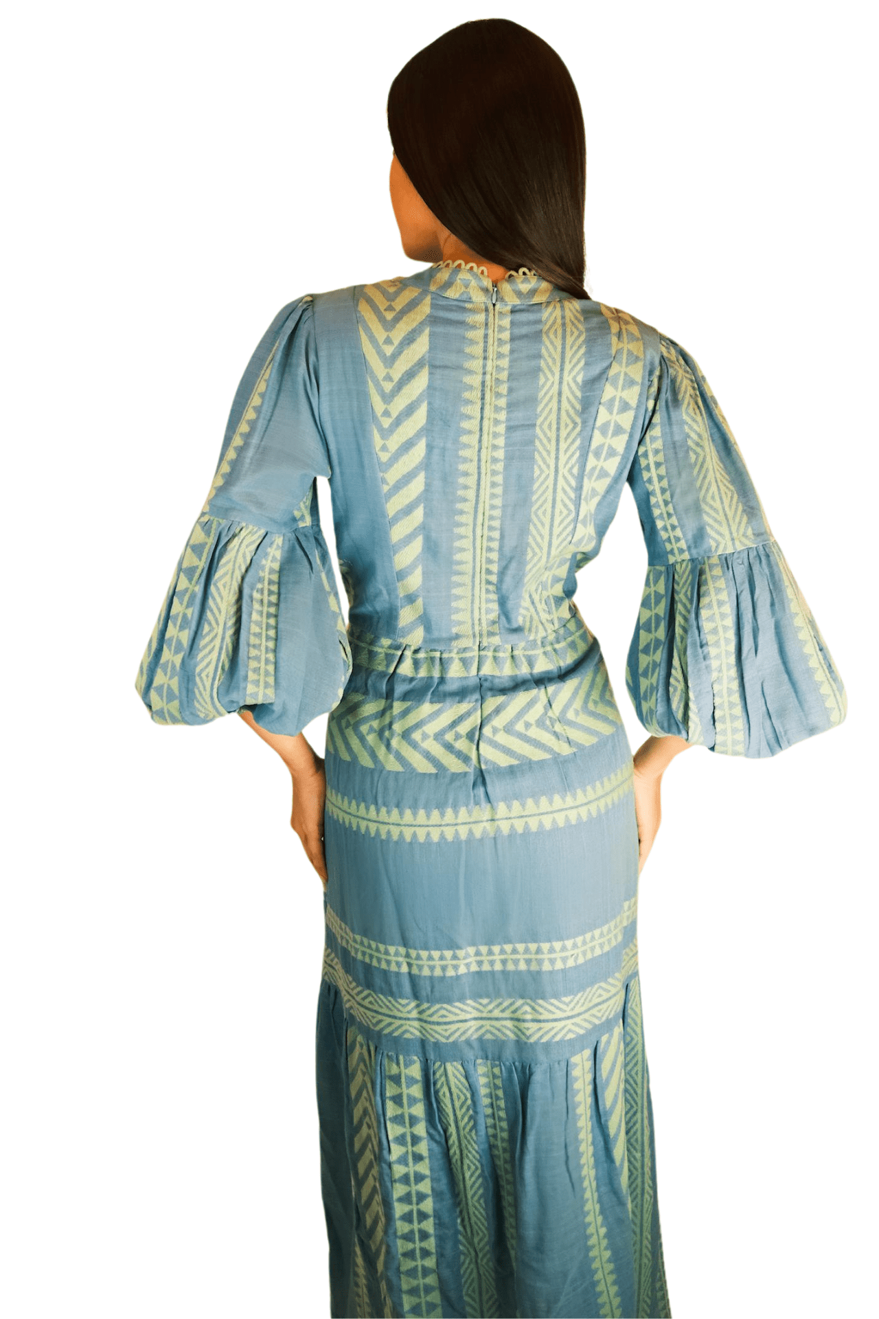 Back view of women's blue and green beaded maxi dress, featuring a graceful and elegant design.