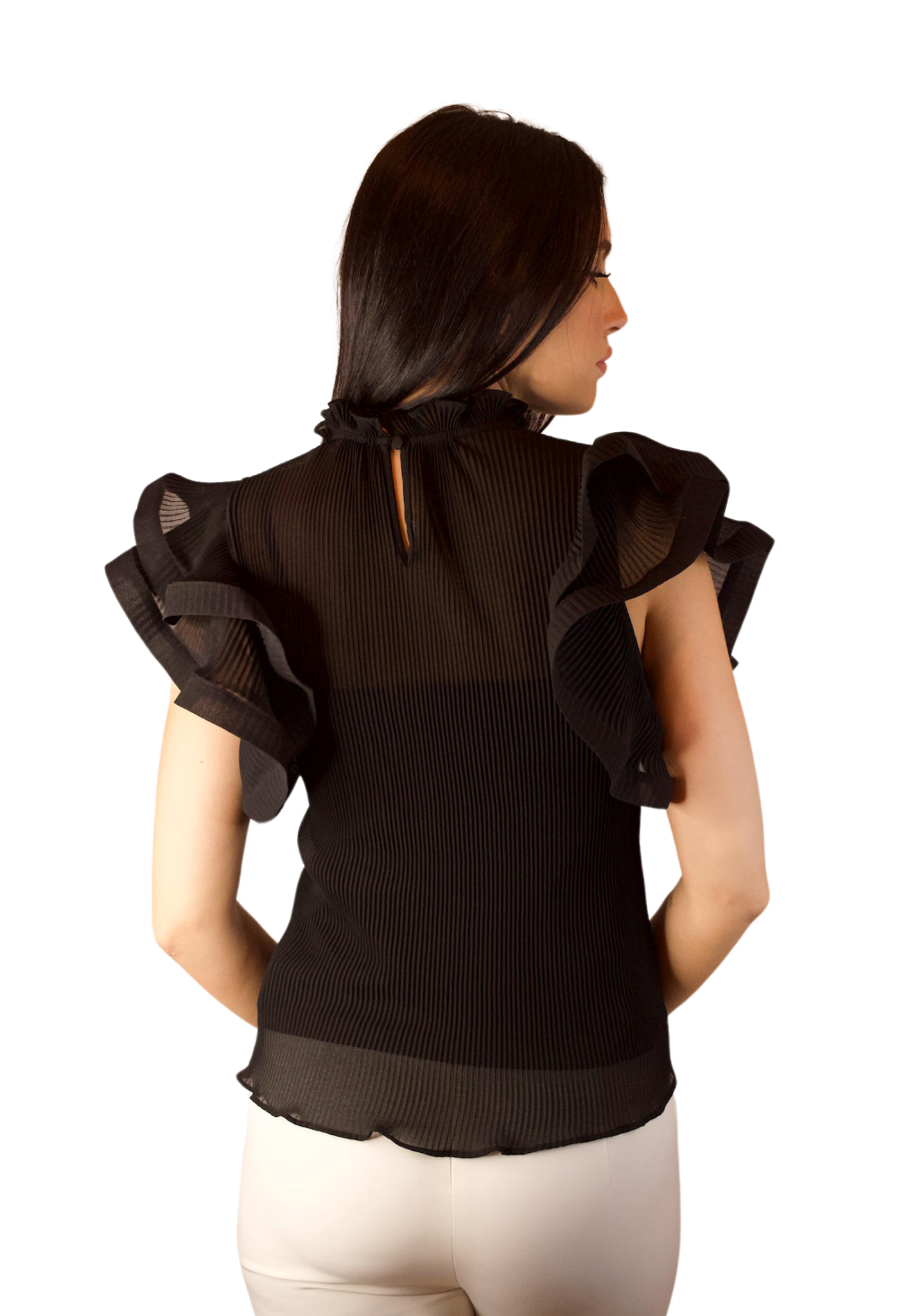 PLEATED BLACK TOP WITH RUFFLE ROUND NECK AND RUFFLE SLEEVES