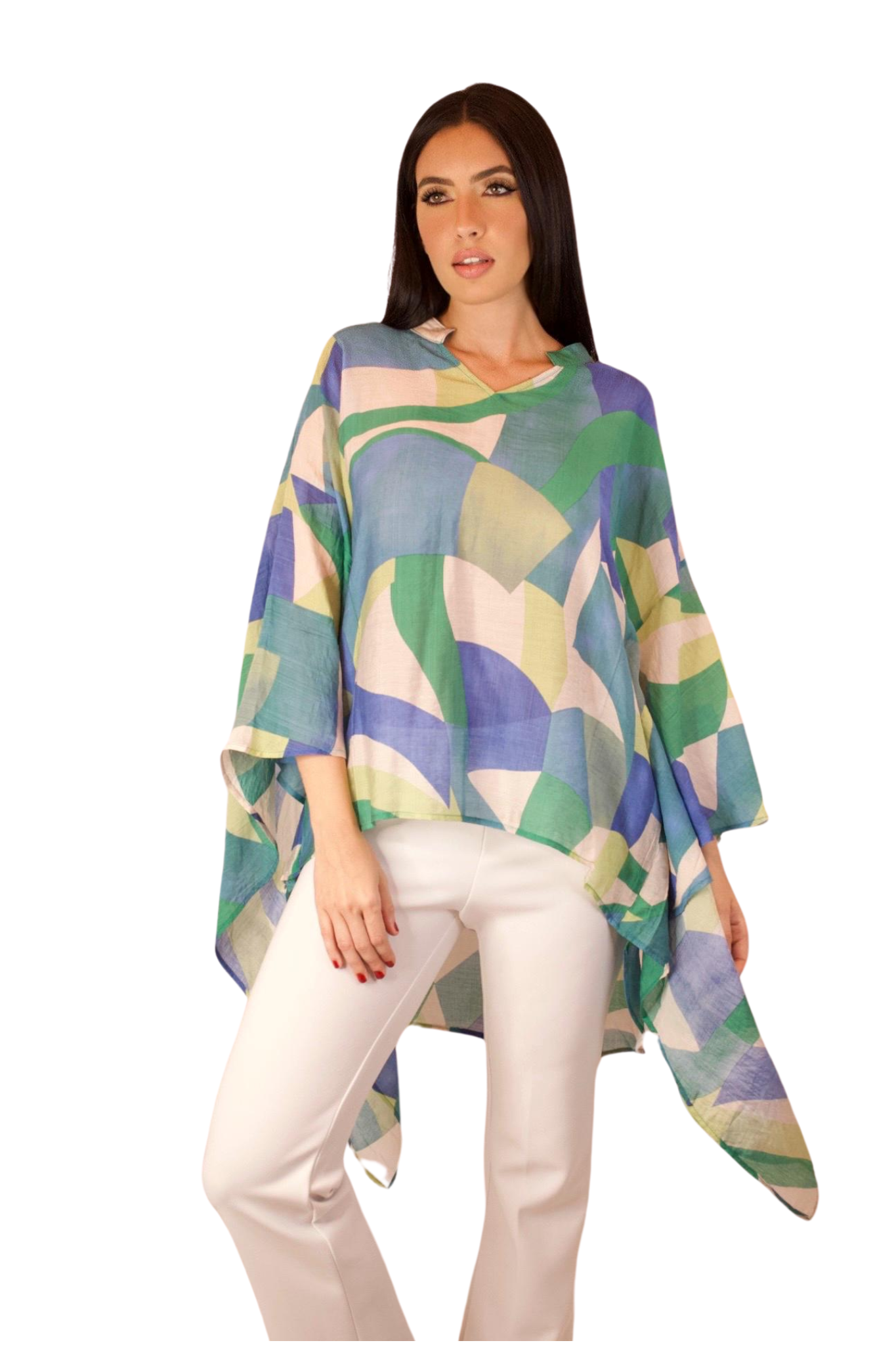 BANDED COLLAR FLOAT TOP IN SHADES OF BLUE END GREEN