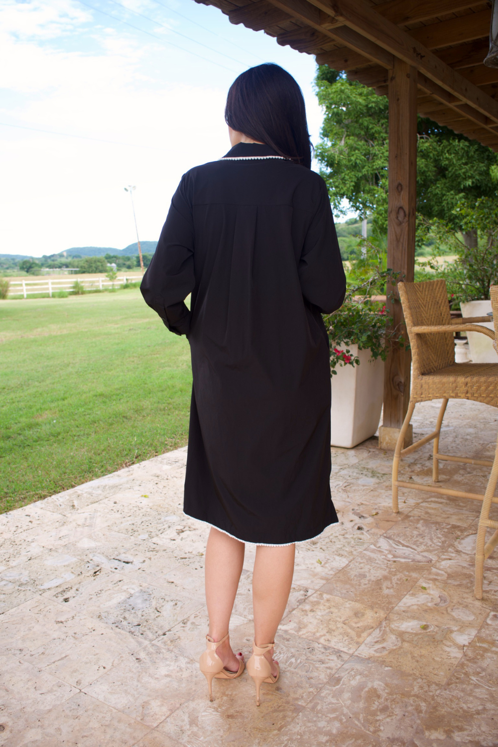 LONG SLEEVE BLACK SHIRT DRESS WITH A PEARL TRIM