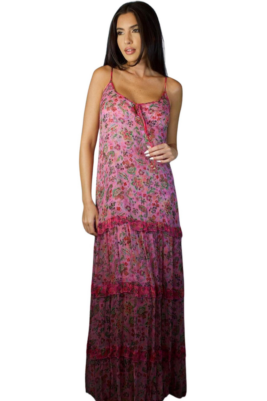 PINK FLORAL SILK MAXI DRESS