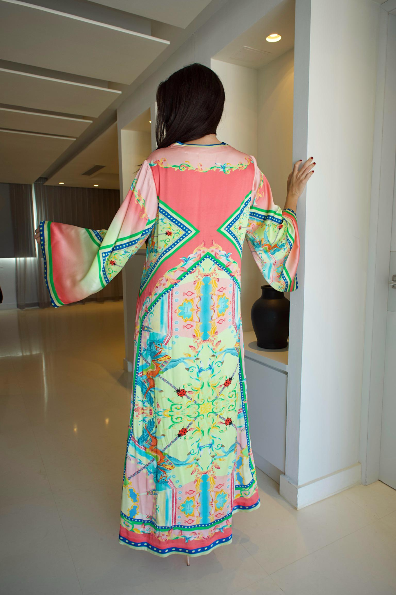 LONG WIDE SLEEVE V NECK PRINTED MAXI