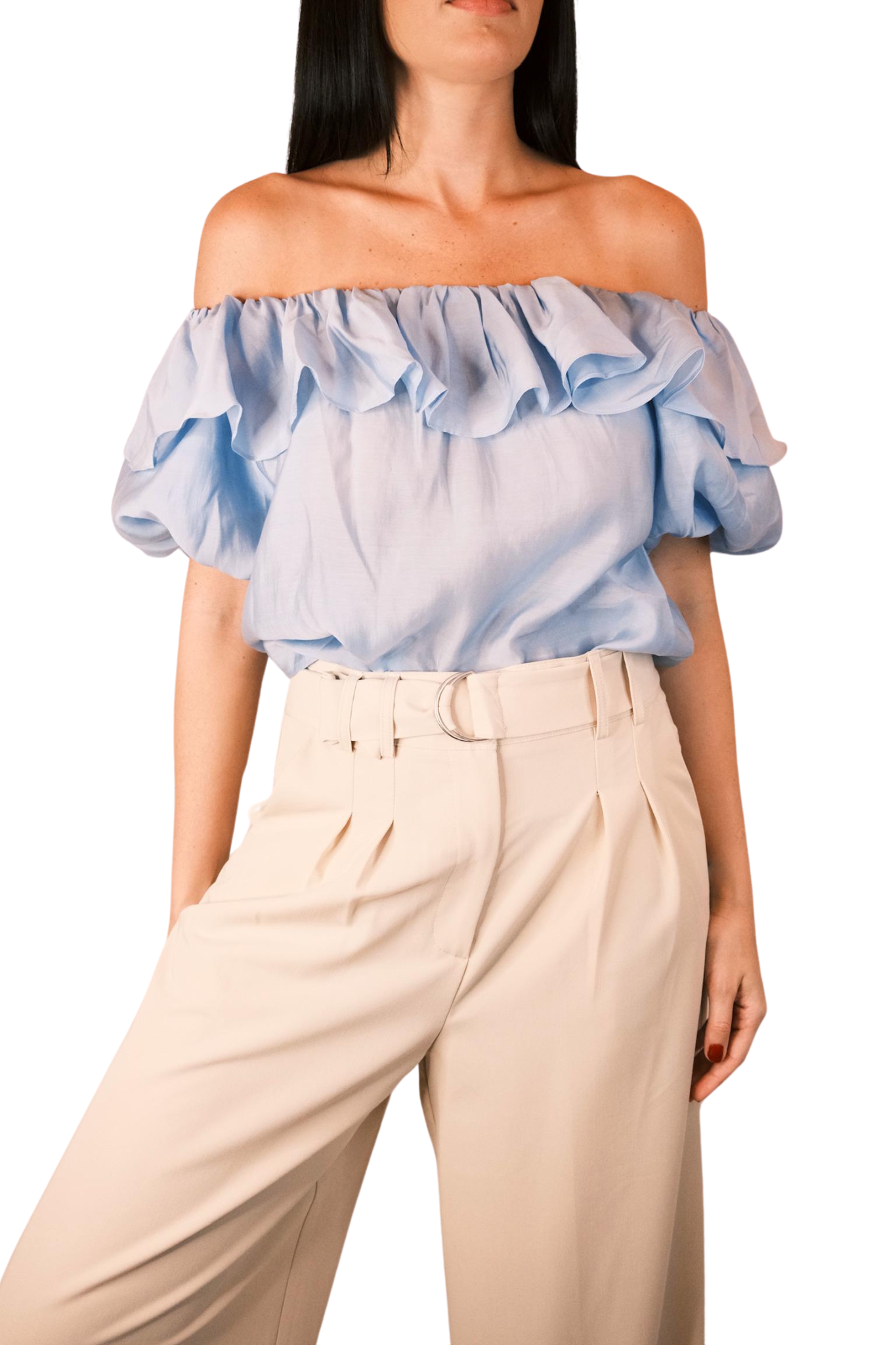 SKY BLUE OFF SHOULDER  WITH RUFFLE AND BUBBLE SLEEVE TOP