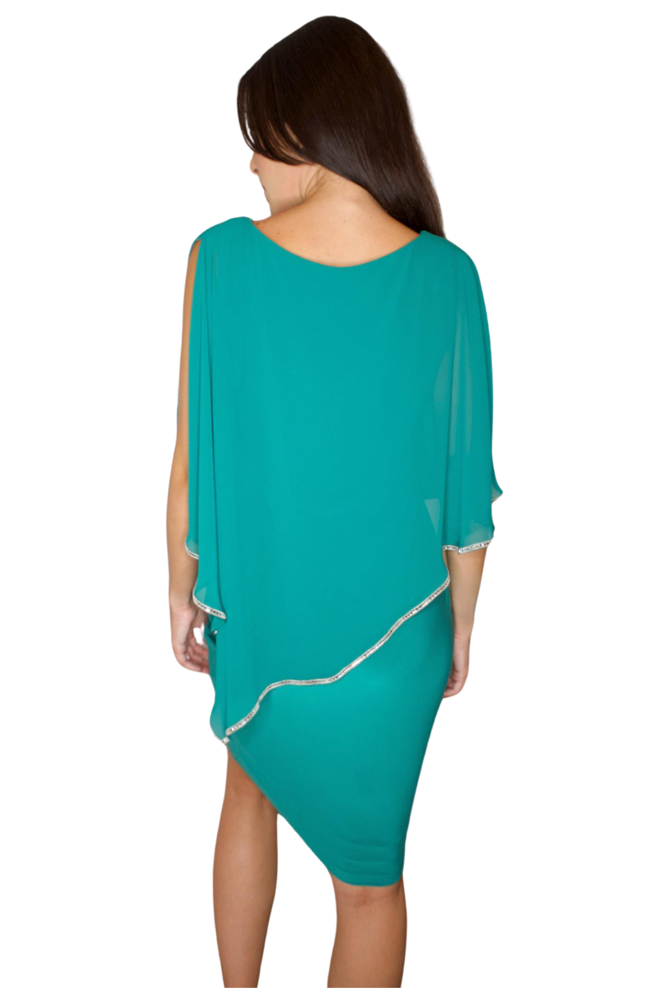 OVERLAY POPOVER TEAL  COCKTAIL DRESS WITH RHINESTONE TRIM