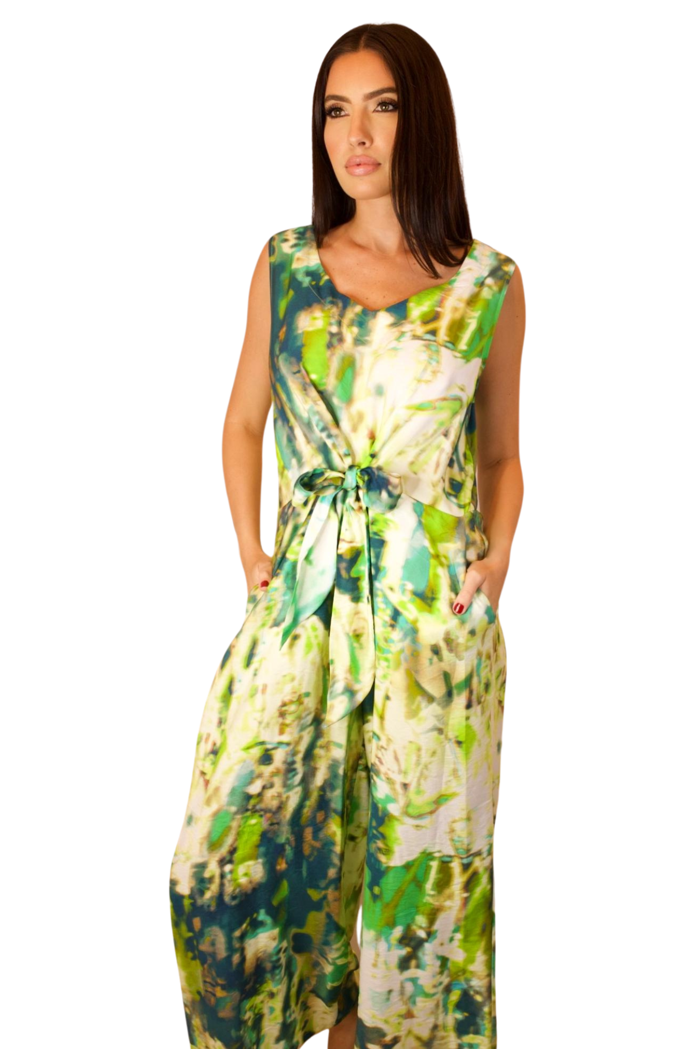 SLEEVELESS V NECK GREEN PRINT WIDE LEG JUMPSUIT