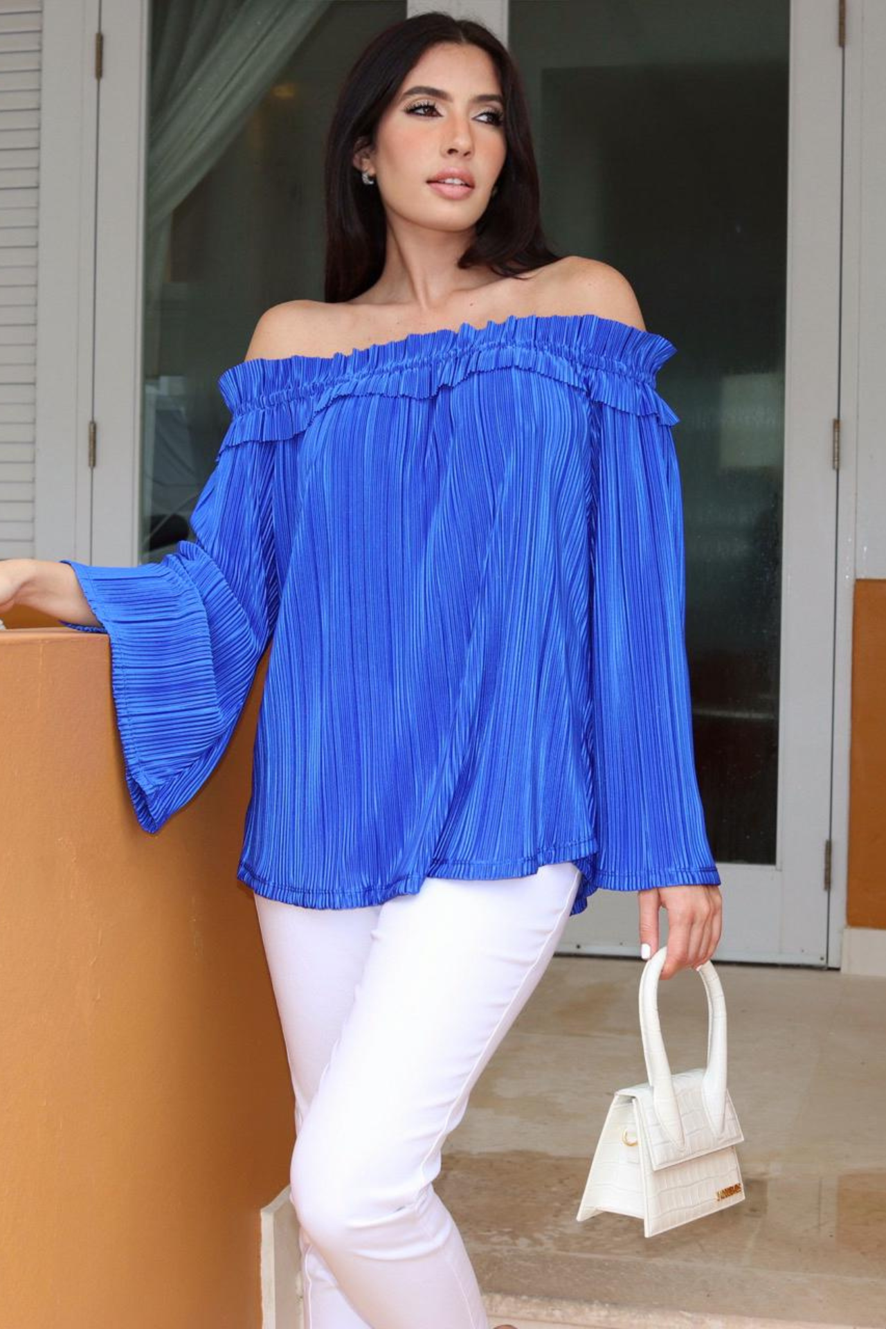 OFF SHOULDER PLISSE ROYAL BLUE TOP